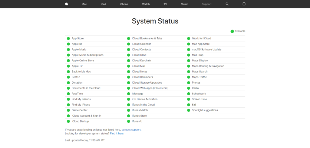 check Apple system status page