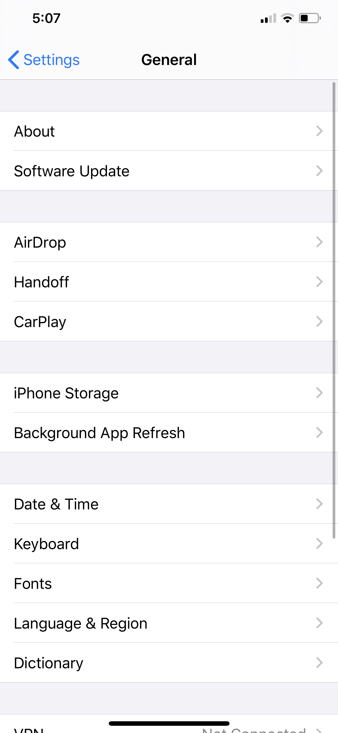 General Settings on iPhone