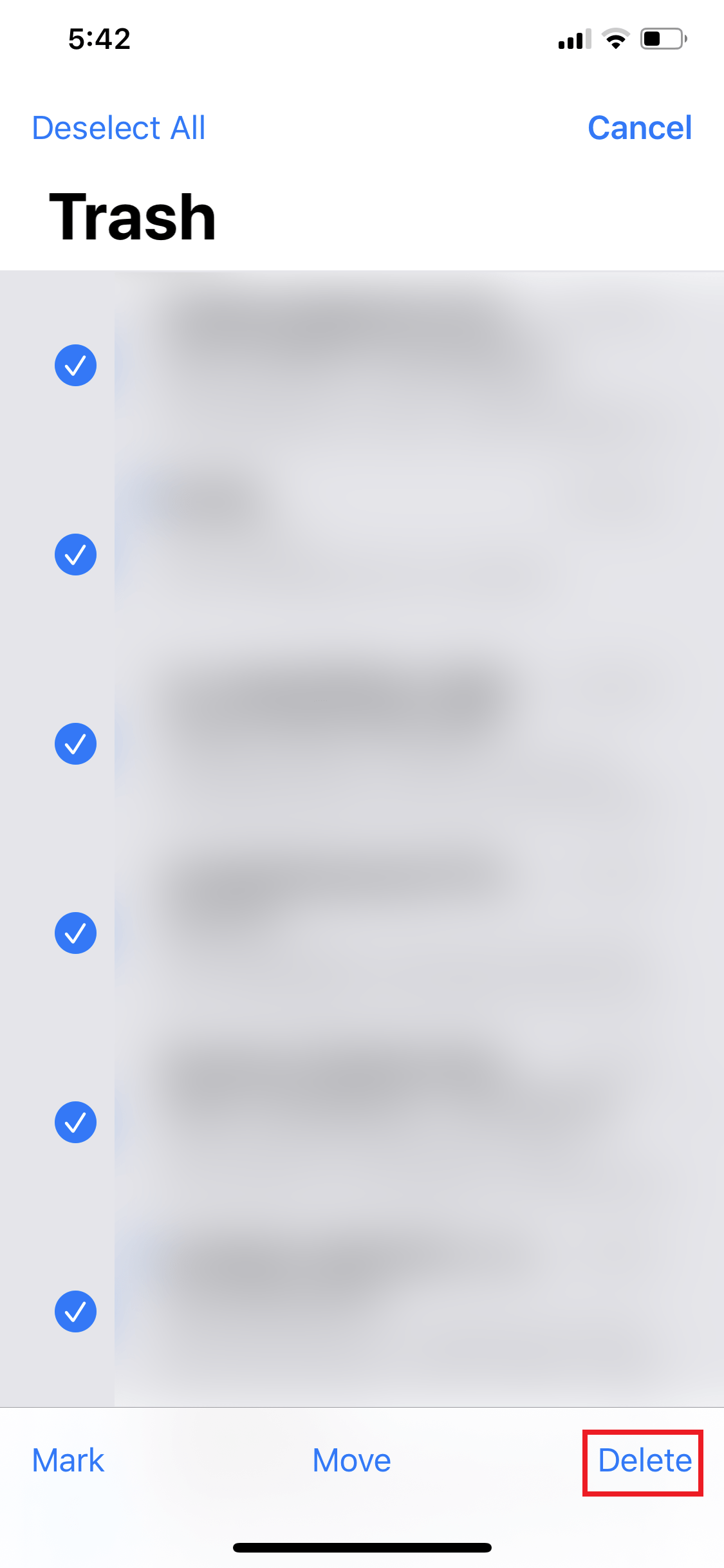 can't delete trash folder on iOS 13