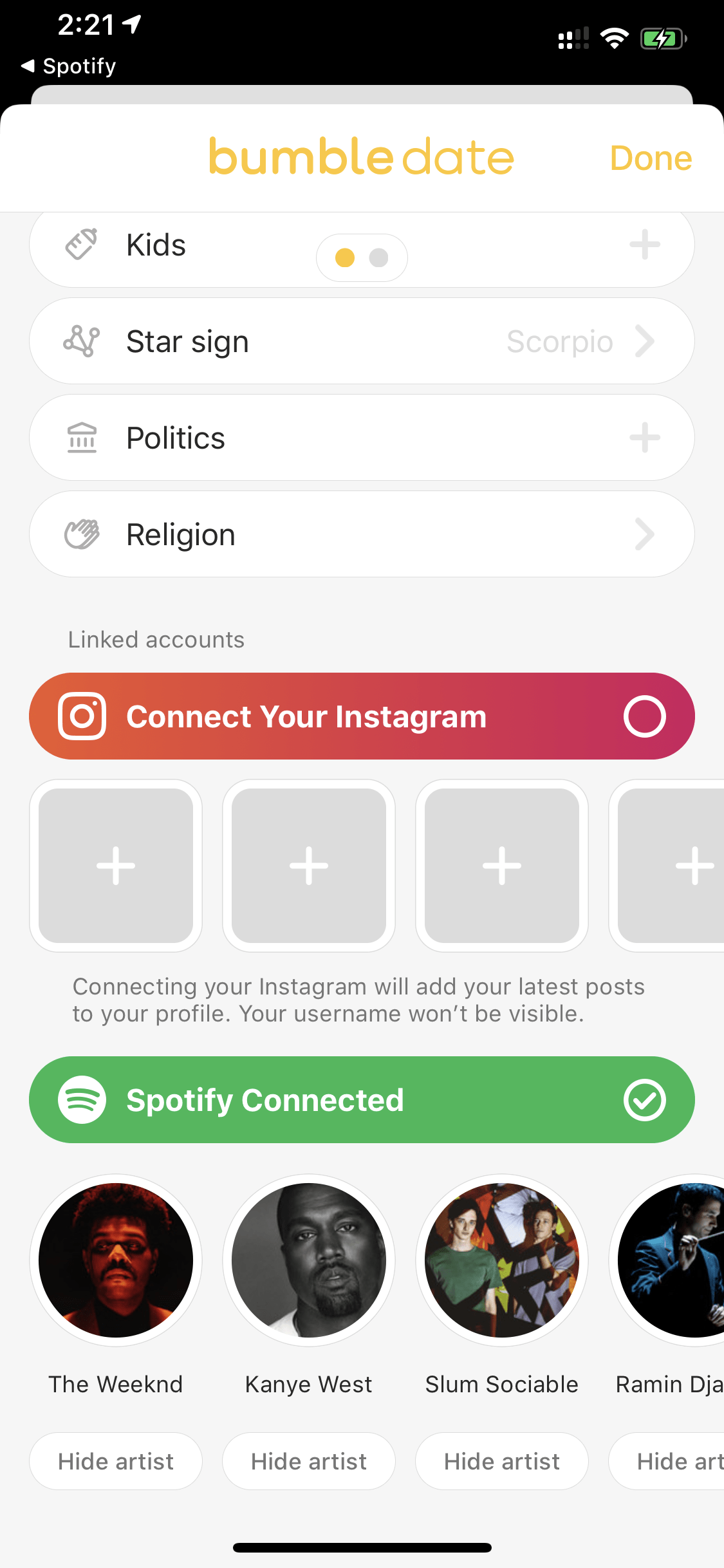 can't connect spotify to bumble account