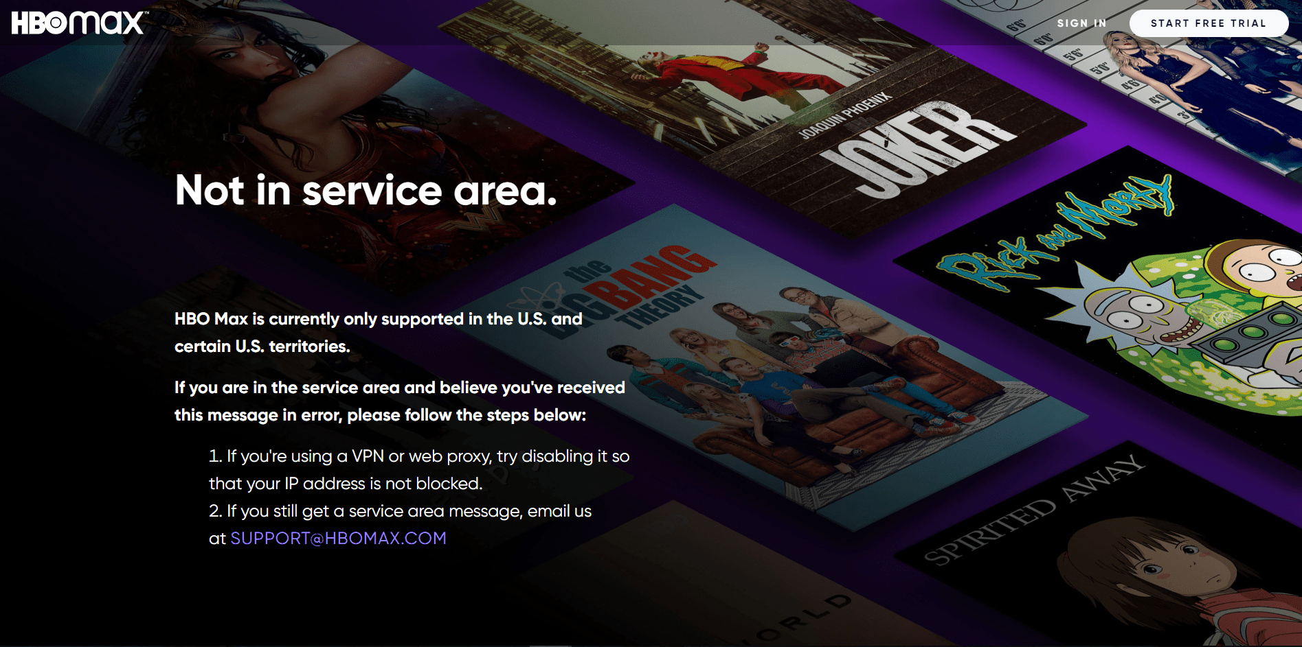 hbo max not in service area