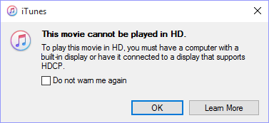 iTunes error 'this movie cannot be played in hd'