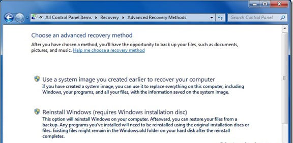 Advanced Recovery Methods Windows 7