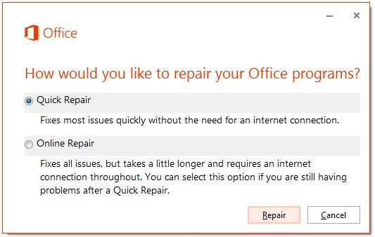 Repair Microsoft Office 365