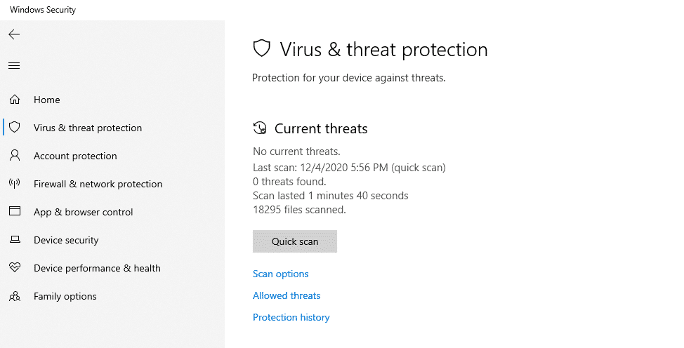 Virus and Threat Protection Windows