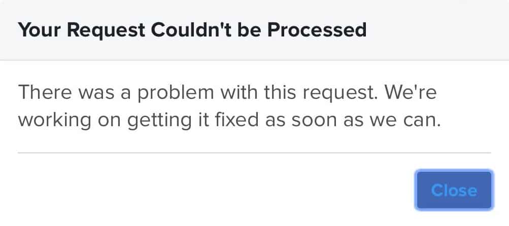 your request couldn't be processed on Facebook