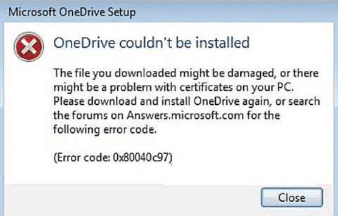 OneDrive Installation Error Code 0x80040c97
