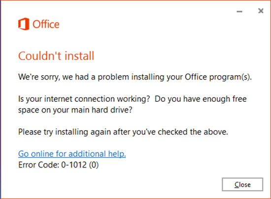 Microsoft Office 365 Error Code 0-1012