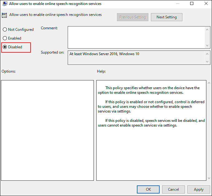 Disable speech recognition in windows 10
