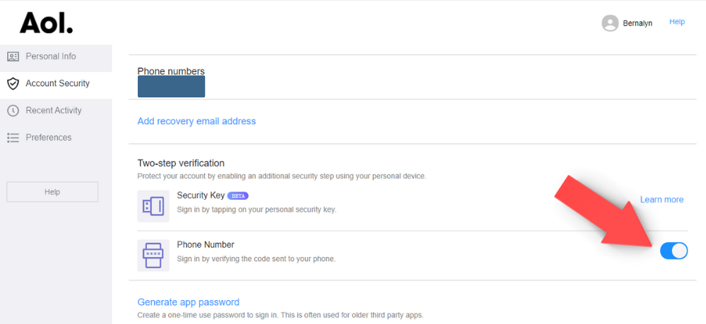 toggle button to disable two-step verification in AOL mail