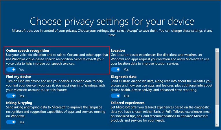 Enable or Disable speech recognition in windows 10