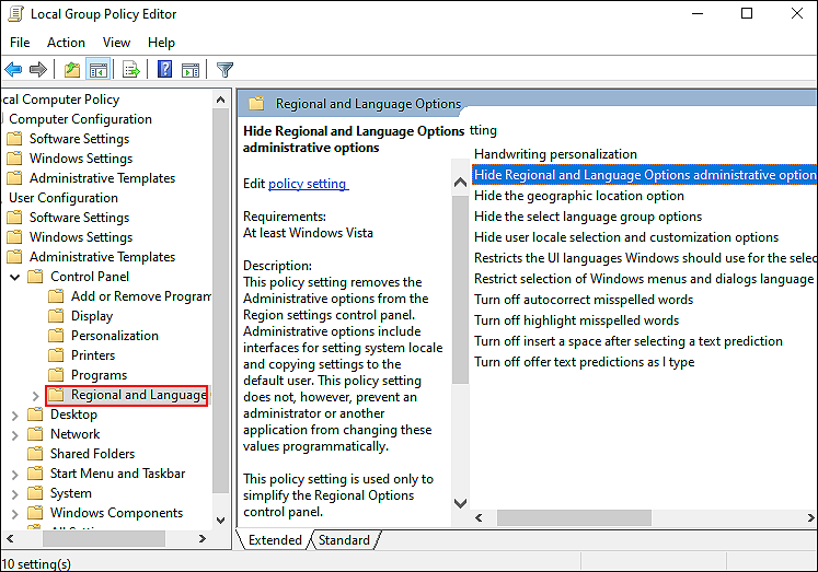 How to Hide Administrative Tab in Regional and Language Settings