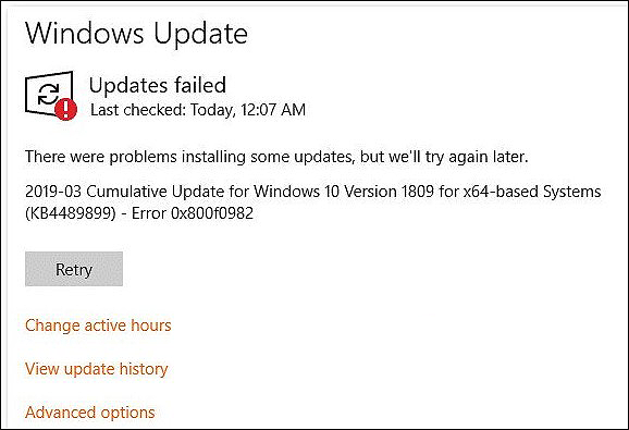 Windows 10 Update Error 0X800F0982