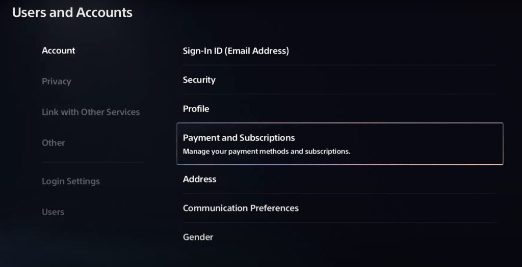 Payment and Subscription tab PS5
