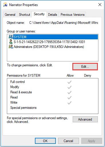 Permission settings in Windows 10