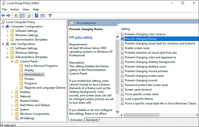 Prevent Users from Changing Theme in Windows 10