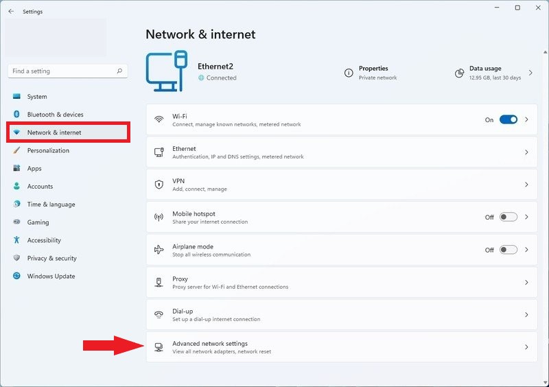 Network and Internet settings on Windows 11
