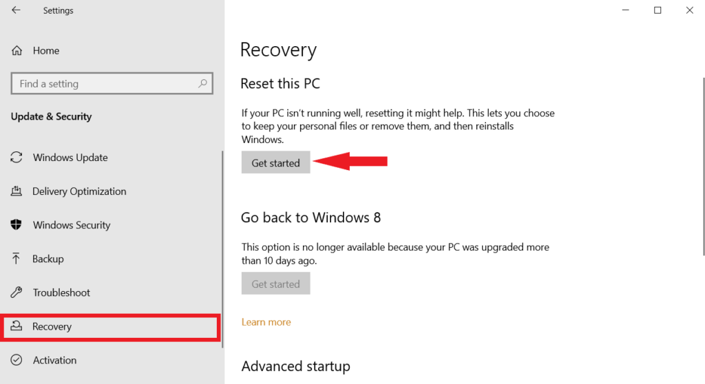 Recovery settings Windows 10
