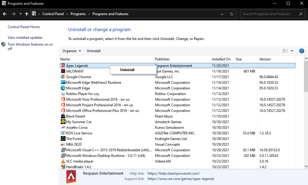Uninstall Programs Windows