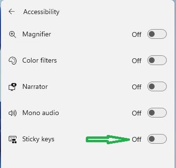 sticky keys quick settings