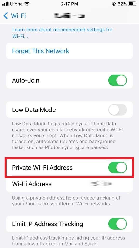enable Private WiFi Address