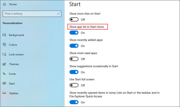 How to Add or Remove All Apps List in Start Menu on Windows 10
