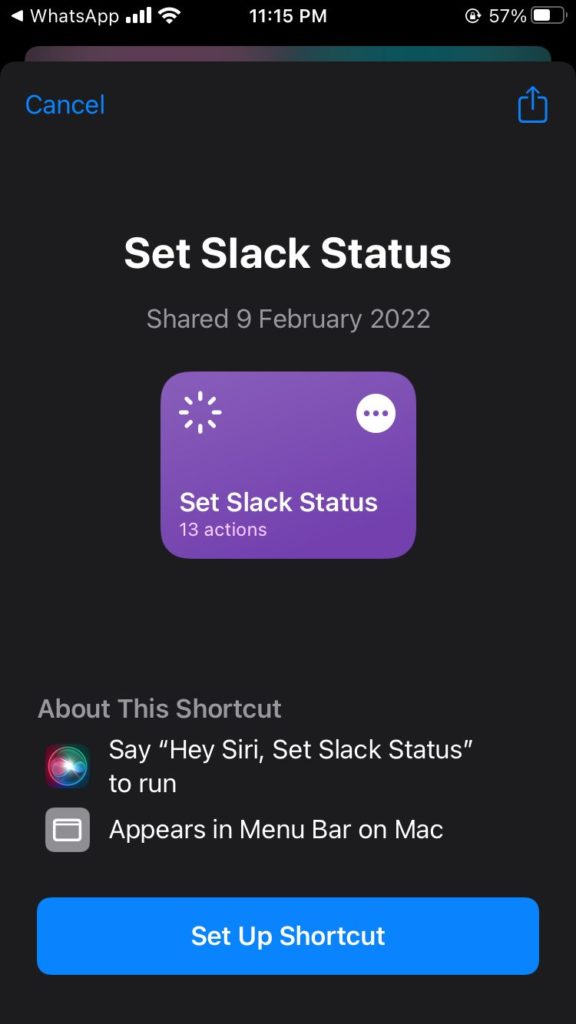 set slack status in shortcuts app