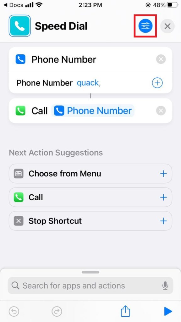 speed dial on shortcuts