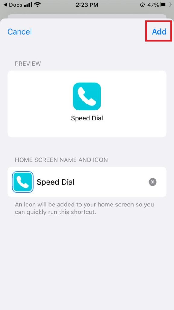 add speed dial shortcut  to home screen 