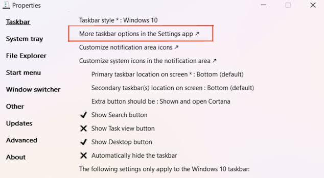 taskbar properties in windows 11