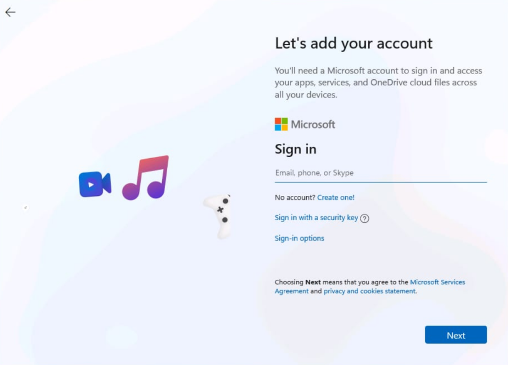 Sign into Microsoft on Windows 11 setup