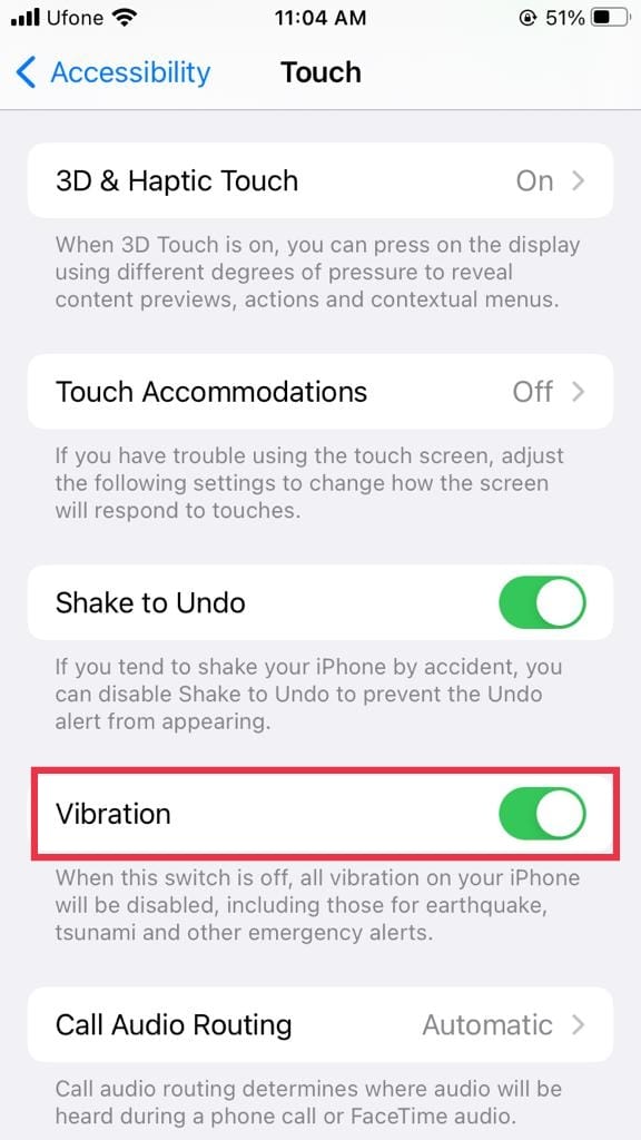 Enable Vibration iPhone