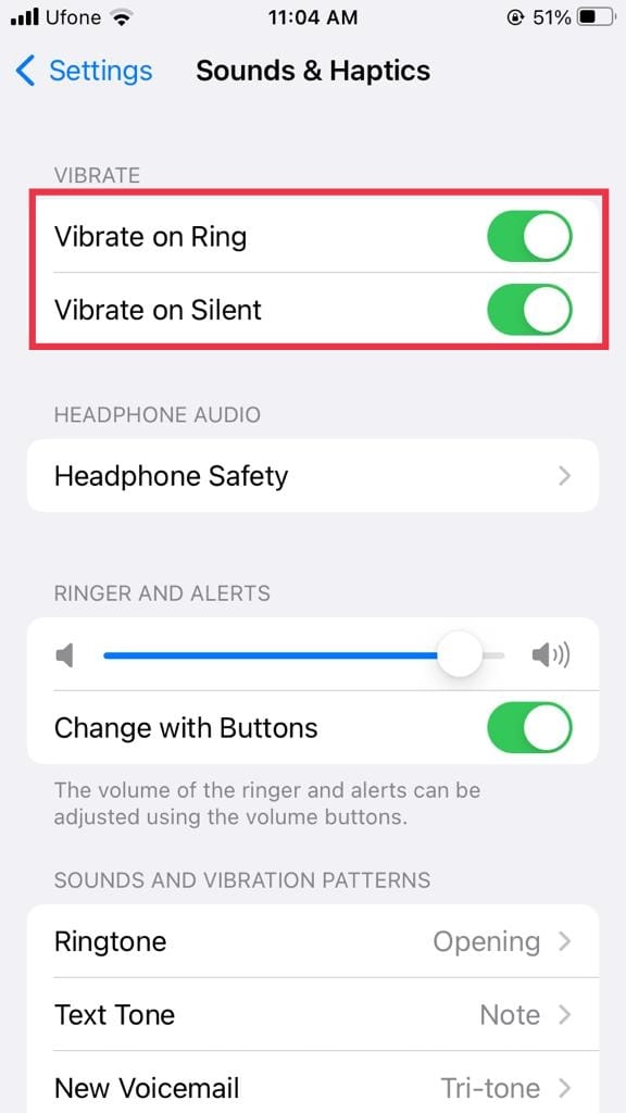 Sound & Haptics settings iPhone