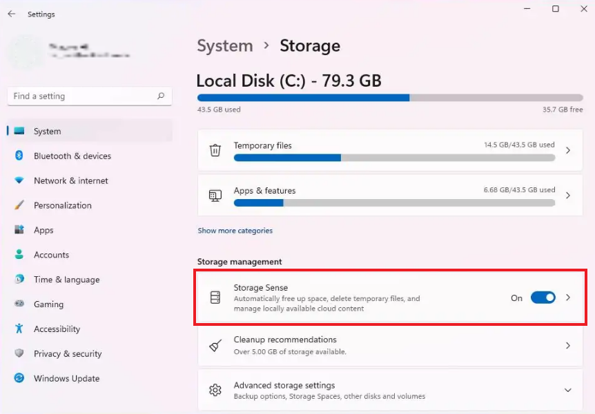 storage settings in Windows 11