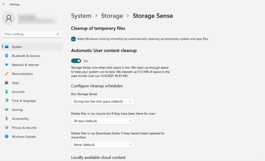 storage sense in Windows 11