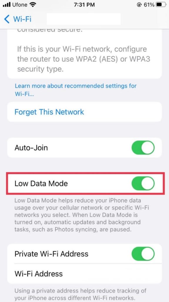 Disable Low Data Mode on iPhone