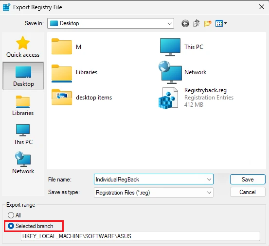 Selected branch in Export registry file on Windows 11