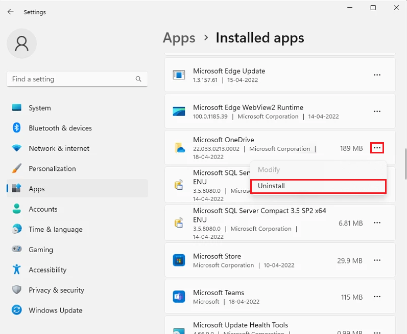 microsoft onedrive in installed apps