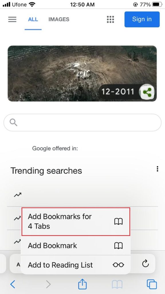 Bookmark options in Safari