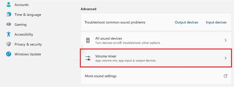 volume mixer Windows 11