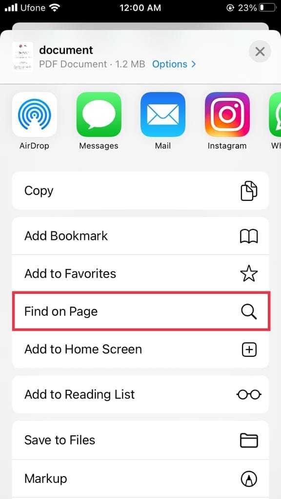 find on page option on iPhone