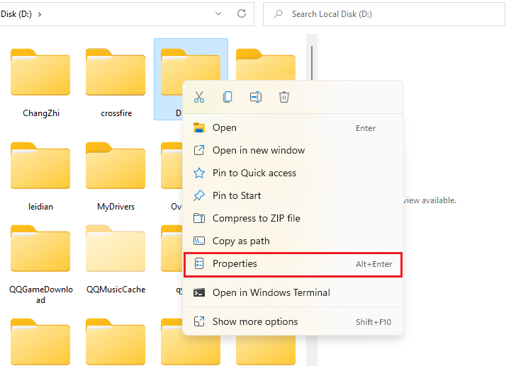 Folder properties Windows 11