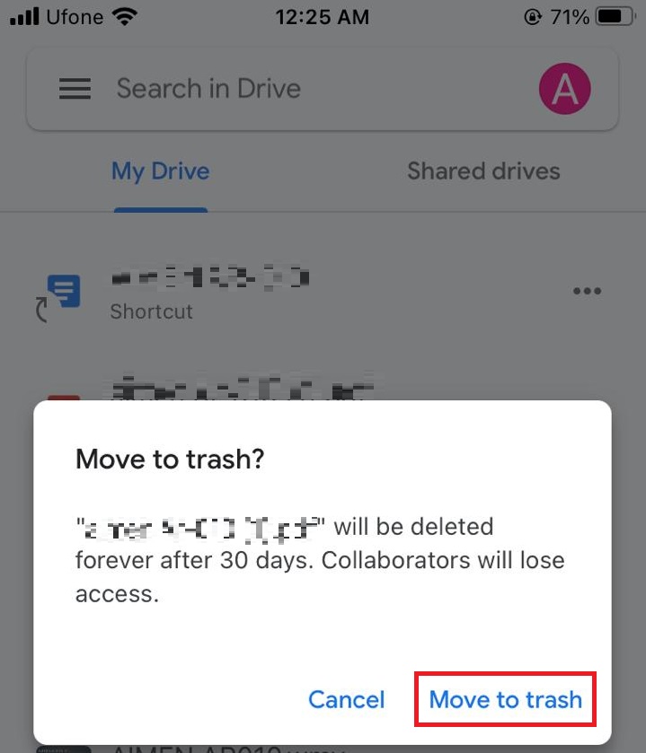 move to trash option on google drive 