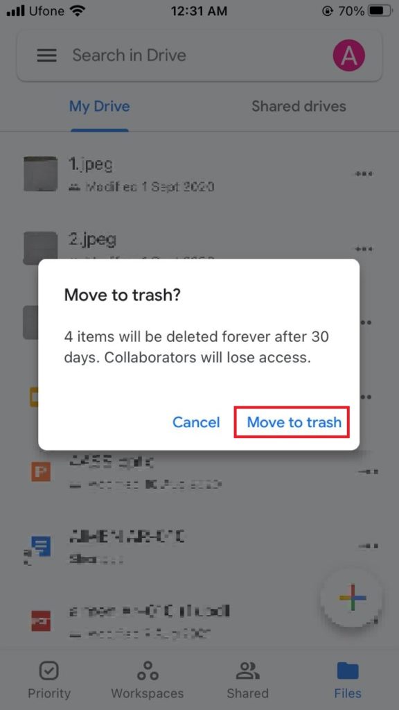 move to trash option google drive