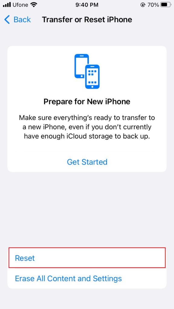 reset option on transfer or reset iPhone
