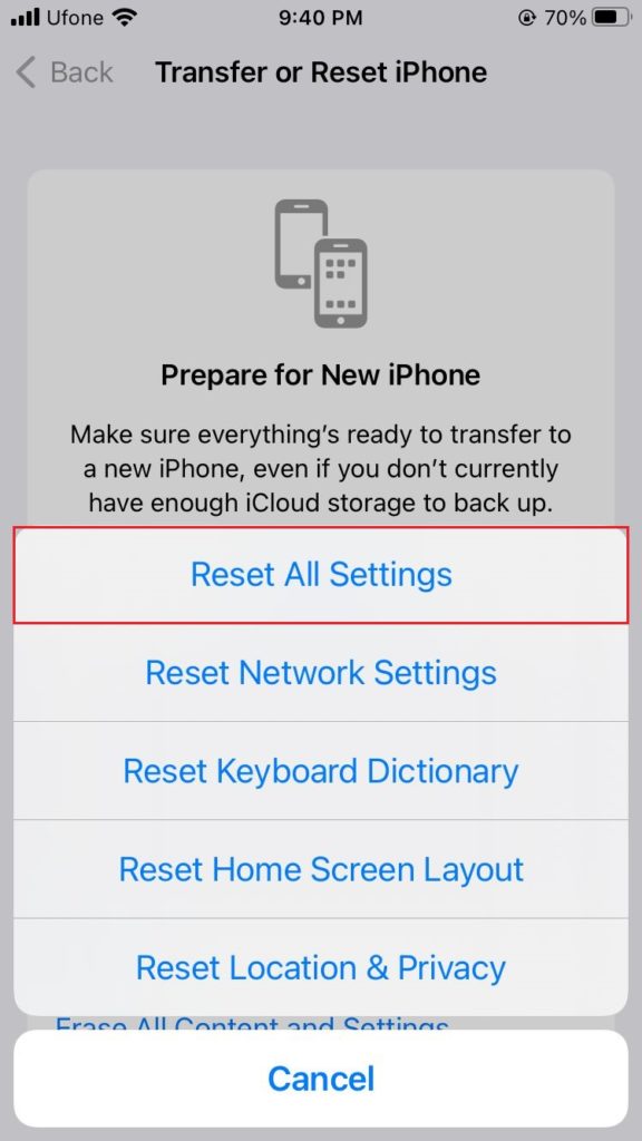 reset all settings on iPhone settings