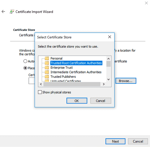select certificate store pop-up