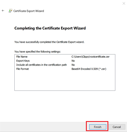 finish option in certificate export wizard window