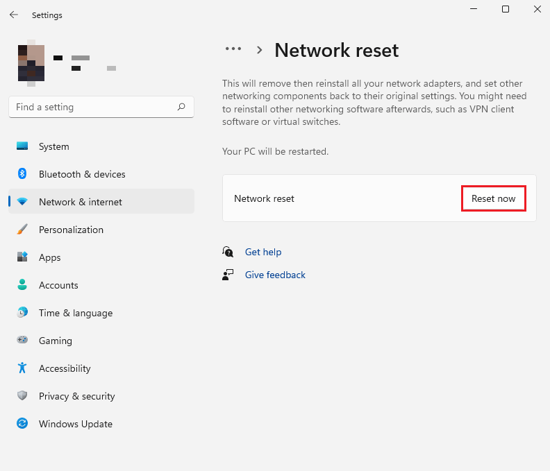 network reset option in network & internet settings