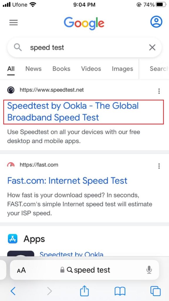 google search results for speed test